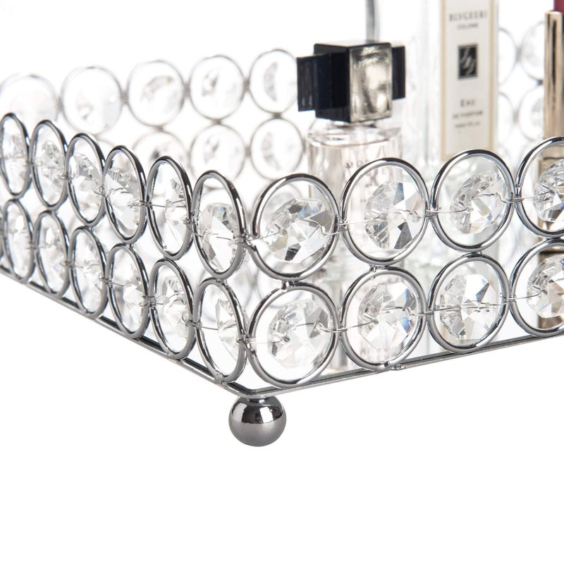 Feyarl Crystal Vanity Makeup Perfume Tray Ornate Jewelry Trinket Organizer Cosmetic Decorative Tray Skin Care Storage for Home Dressing Table Wedding Decoration(Rectangle 12" x 8") (Silver) - Image 5